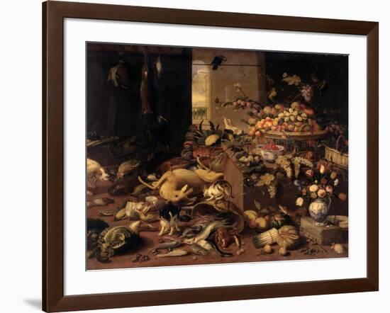 Still Life (Interior with Game, Fish, Fruit, Flowers, Cats and Dogs), 1645-79-Jan van Kessel-Framed Art Print