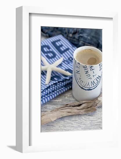 Still Life, Maritime, Blue, Starfish, Material, Text, Wooden Piece, Coffee Cup-Andrea Haase-Framed Photographic Print