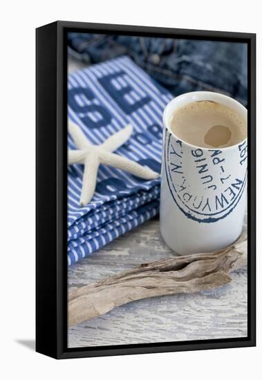 Still Life, Maritime, Blue, Starfish, Material, Text, Wooden Piece, Coffee Cup-Andrea Haase-Framed Stretched Canvas