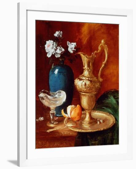 Still Life of a Gilt Ewer, Vase of Flowers and a Facon De Venise Bowl-Antoine Vollon-Framed Giclee Print