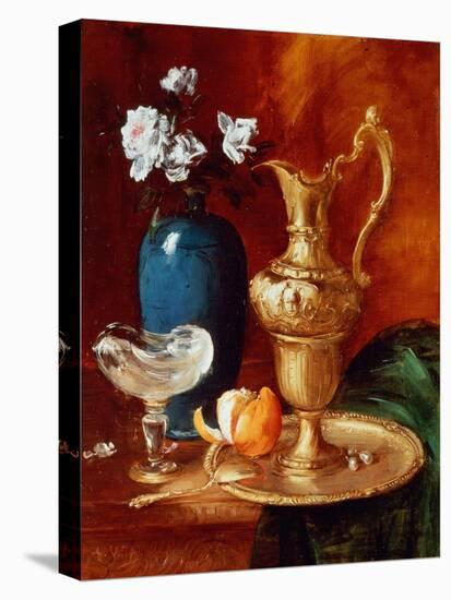 Still Life of a Gilt Ewer, Vase of Flowers and a Facon De Venise Bowl-Antoine Vollon-Stretched Canvas
