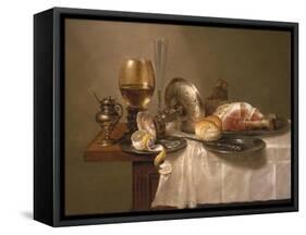 Still Life of a Roemer, an Overturned Silver Tazza, a Flute and a Ham, 1643-Willem Claesz. Heda-Framed Stretched Canvas