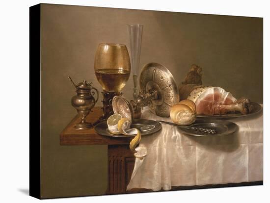 Still Life of a Roemer, an Overturned Silver Tazza, a Flute and a Ham, 1643-Willem Claesz. Heda-Stretched Canvas