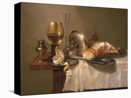 Still Life of a Roemer, an Overturned Silver Tazza, a Flute and a Ham, 1643-Willem Claesz. Heda-Stretched Canvas