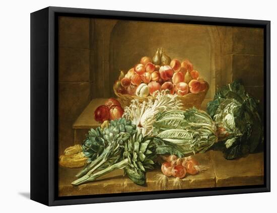 Still Life of Artichokes, Cabbages and Peaches-Jean Jacques Spoede-Framed Stretched Canvas