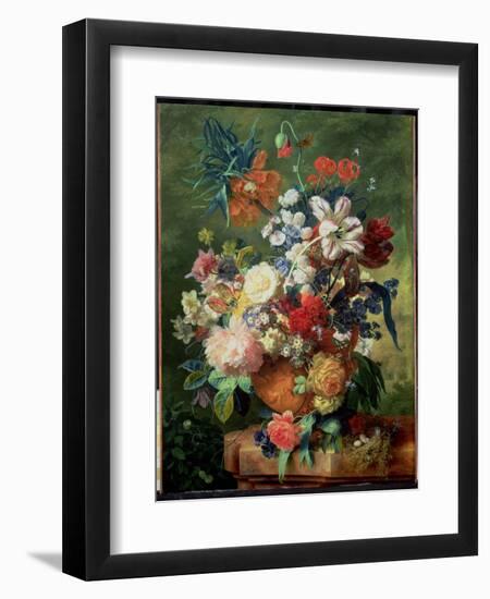 Still Life of Flowers and a Bird's Nest on a Pedestal-Jan van Huysum-Framed Giclee Print