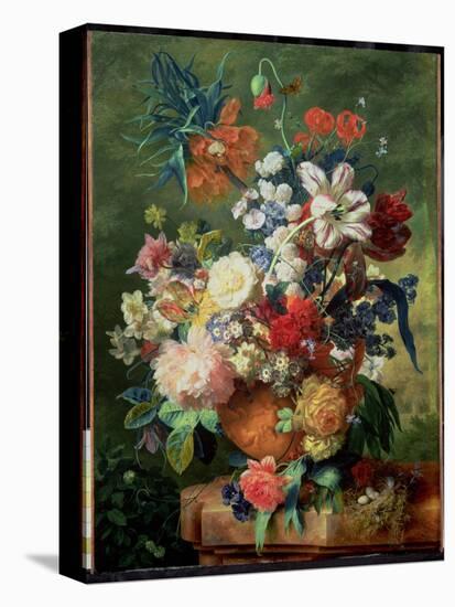 Still Life of Flowers and a Bird's Nest on a Pedestal-Jan van Huysum-Stretched Canvas