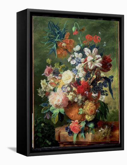 Still Life of Flowers and a Bird's Nest on a Pedestal-Jan van Huysum-Framed Stretched Canvas