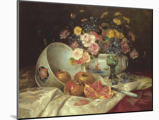 Still Life of Flowers in a Chinese Vase with Pomegranates-Eugene Henri Cauchois-Mounted Giclee Print