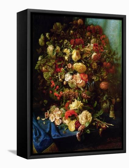 Still Life of Flowers on a Ledge with Birds Nest, 1884-Pierre-Louis de Coninck-Framed Stretched Canvas