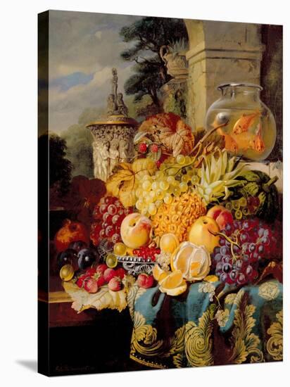 Still Life of Fruit on a Ledge with a Goldfish Bowl, 1876-William John Wainwright-Stretched Canvas