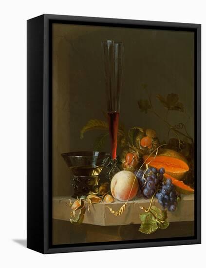 Still Life of Fruit on a Ledge with a Roemer and a Wine Glass-Jacob Van Walscapelle-Framed Stretched Canvas