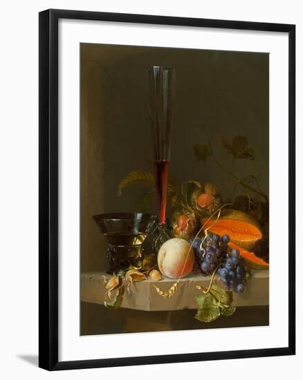 Still Life of Fruit on a Ledge with a Roemer and a Wine Glass-Jacob Van Walscapelle-Framed Giclee Print