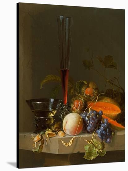 Still Life of Fruit on a Ledge with a Roemer and a Wine Glass-Jacob Van Walscapelle-Stretched Canvas