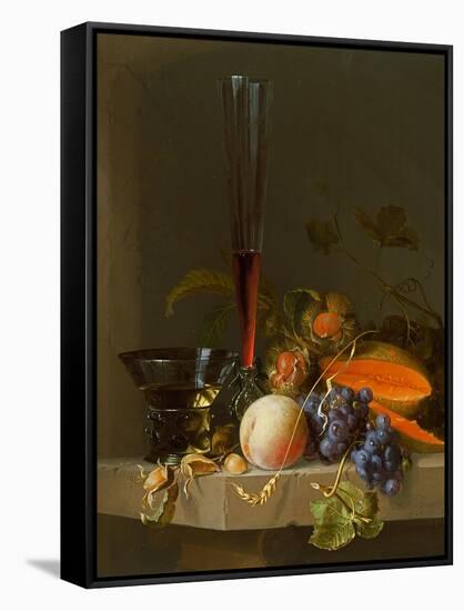 Still Life of Fruit on a Ledge with a Roemer and a Wine Glass-Jacob Van Walscapelle-Framed Stretched Canvas