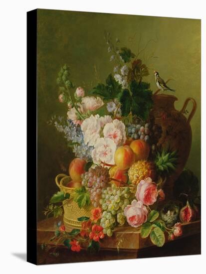 Still Life of Fruits and Flowers in a Wicker Basket on a Ledge.-Cornelis van Spaendonck-Stretched Canvas