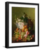 Still Life of Fruits and Flowers in a Wicker Basket on a Ledge.-Cornelis van Spaendonck-Framed Giclee Print