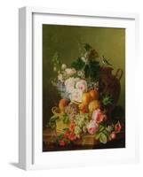 Still Life of Fruits and Flowers in a Wicker Basket on a Ledge.-Cornelis van Spaendonck-Framed Giclee Print