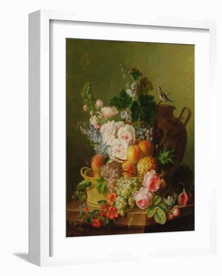 Still Life of Fruits and Flowers in a Wicker Basket on a Ledge.-Cornelis van Spaendonck-Framed Giclee Print