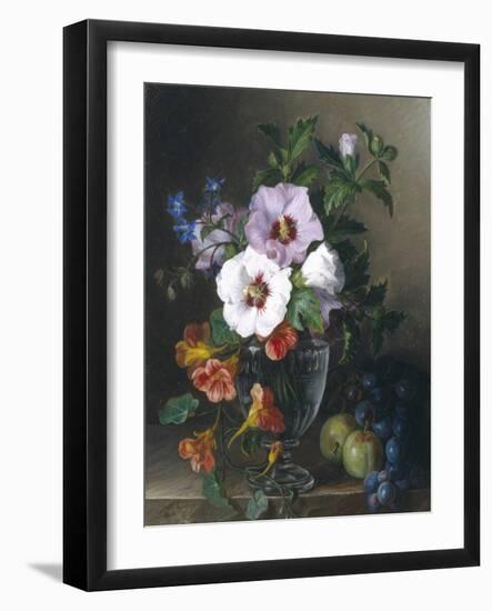 Still Life of Hibiscus and Nasturtium in a Glass Vase-Julie Guyot-Framed Giclee Print