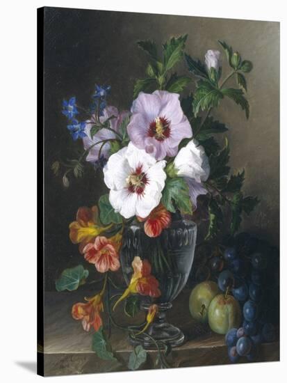 Still Life of Hibiscus and Nasturtium in a Glass Vase-Julie Guyot-Stretched Canvas