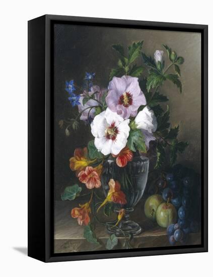 Still Life of Hibiscus and Nasturtium in a Glass Vase-Julie Guyot-Framed Stretched Canvas