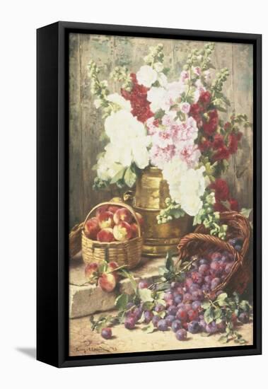 Still Life of Hollyhocks, Peaches and Plums-Eugene Claude-Framed Stretched Canvas