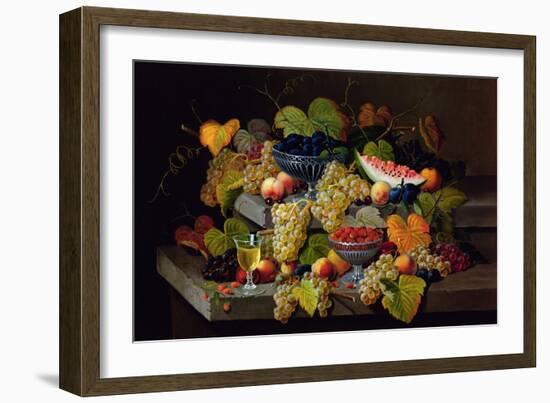 Still Life of Melon, Plums, Grapes, Peaches, Cherries, Strawberries Etc on Stone Ledges-Severin Roesen-Framed Giclee Print