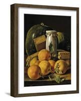Still Life of Oranges, Watermelon, a Pot, and Boxes of Cake, Ca. 1760-Luis Egidio Meléndez-Framed Giclee Print
