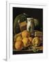 Still Life of Oranges, Watermelon, a Pot, and Boxes of Cake, Ca. 1760-Luis Egidio Meléndez-Framed Giclee Print