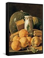 Still Life of Oranges, Watermelon, a Pot and Boxes of Cake-Luis Egidio Melendez-Framed Stretched Canvas