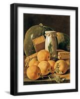 Still Life of Oranges, Watermelon, a Pot and Boxes of Cake-Luis Egidio Melendez-Framed Giclee Print