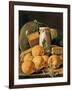 Still Life of Oranges, Watermelon, a Pot and Boxes of Cake-Luis Egidio Melendez-Framed Giclee Print