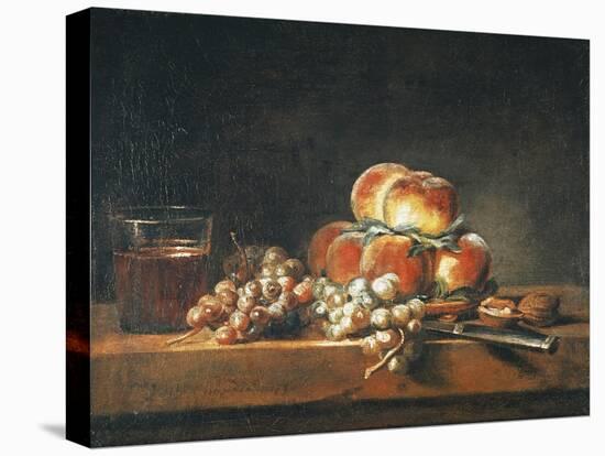 Still Life of Peaches, Nuts, Grapes and a Glass of Wine, 1758-Jean-Baptiste Simeon Chardin-Stretched Canvas