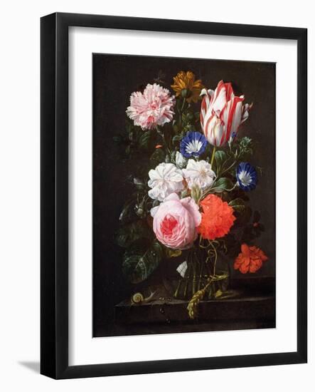 Still Life of Roses, a Carnation, Convolvulus and a Tulip in a Glass Vase-Nicolaes van Veerendael-Framed Giclee Print