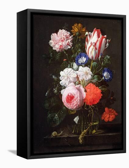 Still Life of Roses, a Carnation, Convolvulus and a Tulip in a Glass Vase-Nicolaes van Veerendael-Framed Stretched Canvas