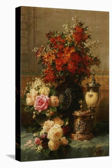 Still Life of roses and other flowers-Jean Baptiste Robie-Stretched Canvas