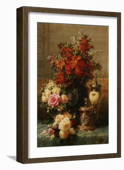 Still Life of roses and other flowers-Jean Baptiste Robie-Framed Giclee Print