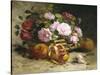 Still Life of Roses and Pomegranates-Eugene Henri Cauchois-Stretched Canvas