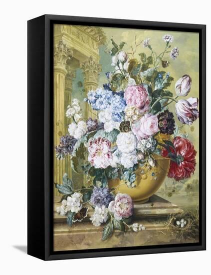 Still Life of Roses, Delphiniums and Tulips-Jacobus Linthorst-Framed Stretched Canvas