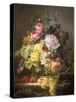 Still Life of Roses, Lilies and Strawberries-Francois Duval-Stretched Canvas