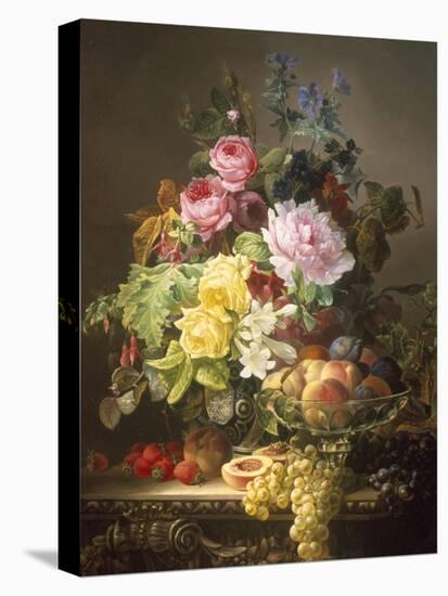 Still Life of Roses, Lilies and Strawberries-Francois Duval-Stretched Canvas