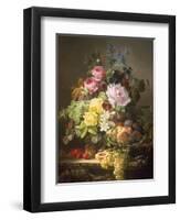 Still Life of Roses, Lilies and Strawberries-Francois Duval-Framed Premium Giclee Print