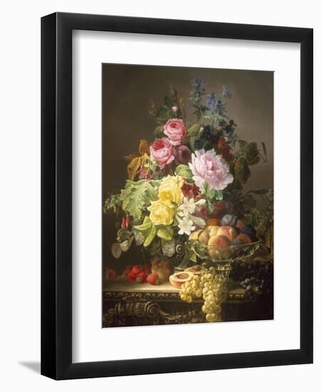 Still Life of Roses, Lilies and Strawberries-Francois Duval-Framed Premium Giclee Print