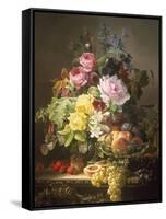 Still Life of Roses, Lilies and Strawberries-Francois Duval-Framed Stretched Canvas