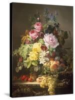 Still Life of Roses, Lilies and Strawberries-Francois Duval-Stretched Canvas