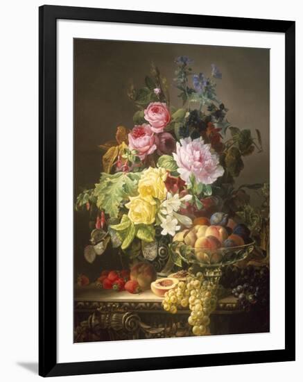 Still Life of Roses, Lilies and Strawberries-Francois Duval-Framed Premium Giclee Print