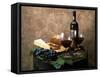 Still Life of Wine Bottle, Wine Glasses, Cheese and Purple Grapes on Top of Barrel-null-Framed Stretched Canvas