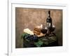 Still Life of Wine Bottle, Wine Glasses, Cheese and Purple Grapes on Top of Barrel-null-Framed Photographic Print