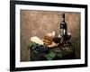 Still Life of Wine Bottle, Wine Glasses, Cheese and Purple Grapes on Top of Barrel-null-Framed Photographic Print
